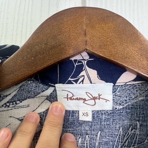 Panama Jack - Blue Linen Blend Tropical Palm Leaf Pattern Tie Blouse Size XS - Picture 7 of 9